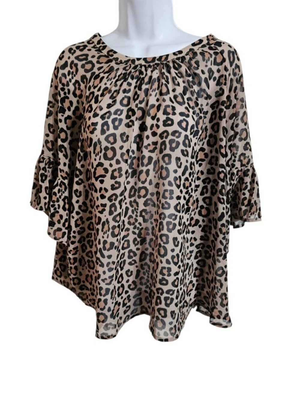 Ava & Viv Women 2X Leopard Print Blouse Ruffle Sleeve Sheer Boho Statement Top - Picture 2 of 7